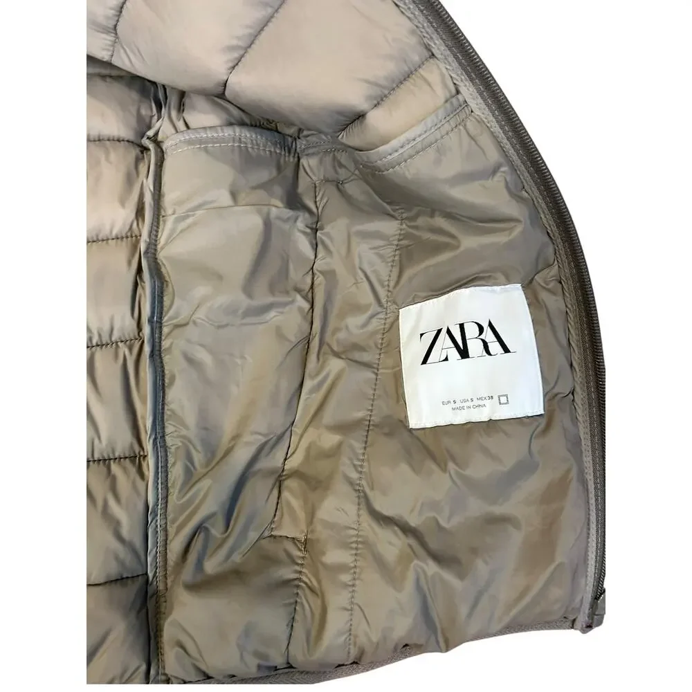 ZARA Light Brown Long Sleeve Full Zip Hooded Puffer Jacket Women's Size Small